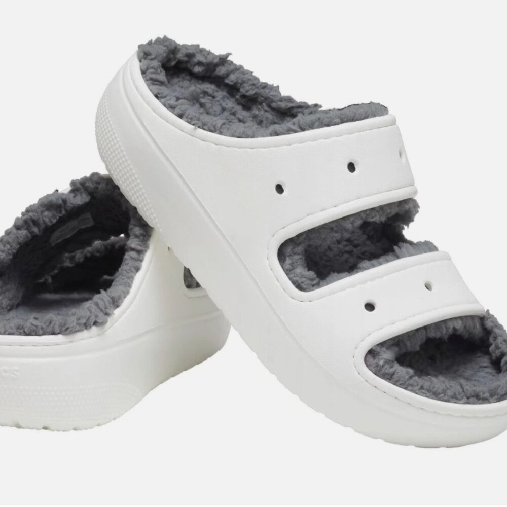 New Womens Crocs Classic Cozzzy Sandals Fuzz Lined Strap Slippers White